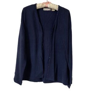 Carolyn Taylor Sweater Womens Medium Blue Cardigan Beaded Trim Open Soft Acrylic